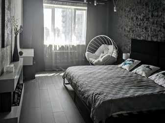 The master bedroom is another dark and cozy alcove. I've found most of my inspiration for this apartment in Icelandic winter. Imagine volcanic soil, blue ice and Northern forests. Here Nordic motives are the most obvious.